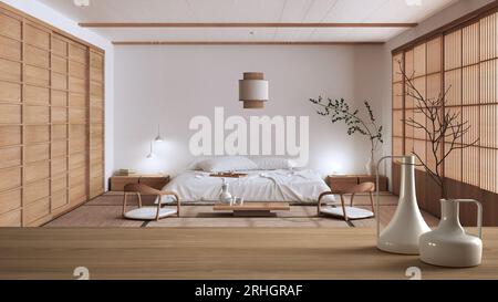 Piano da tavolo o mensola in legno con vasi moderni minimalisti sopra la camera da letto japandi, tappetini tatami, design d'interni di architettura giapponese Foto Stock