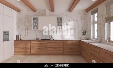 Cucina minimalista in legno dalle tonalità bianche. Pavimento in parquet, soffitto con travi e carta da parati in bambù. Design d'interni in stile giapponese Foto Stock