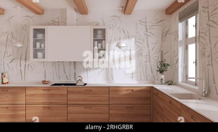 Cucina in legno japandi in tonalità bianche. Pavimento in parquet, soffitto con travi e carta da parati in bambù. Interni dal design minimalista Foto Stock