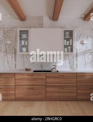 Cucina minimalista in legno dalle tonalità bianche. Primo piano, vista frontale. Pavimento in parquet, soffitto con travi e carta da parati in bambù. Design d'interni in stile giapponese Foto Stock