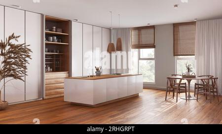 Cucina minimalista japandi in tonalità bianche. Isola e tavolo da pranzo con sedie, pavimento in parquet. Design degli interni di lusso Foto Stock