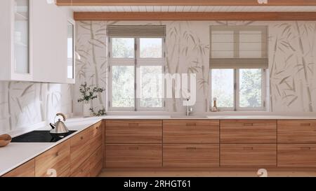 Cucina in legno giapponese in tonalità bianche. Pavimento in parquet, soffitto con travi e carta da parati in bambù. Finestre panoramiche. Interni dal design minimalista Foto Stock