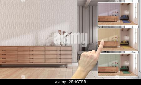 Design architetto, mostra a mano il salotto scandinavo, colori della carta da parati in diverse opzioni, progetto di design degli interni, selezione colori, Foto Stock
