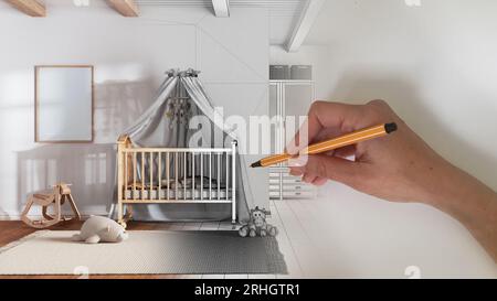 Concept architetto di interior designer: Disegnare a mano un progetto d'interni di design mentre lo spazio diventa reale, camera da letto per bambini bohémien in stile bohémien, nur Foto Stock