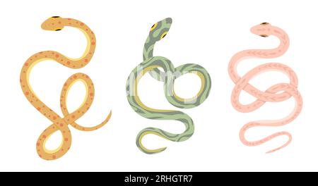 Serie vettoriale di serpenti dei cartoni animati isolati dallo sfondo. Collezione Clipart di serpenti in varie pose in colori pastello per adesivi, carte e icone Illustrazione Vettoriale