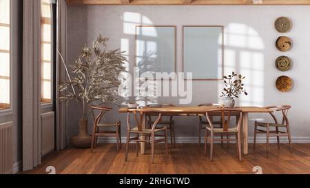Classica sala da pranzo vintage in toni bianchi e beige. Tavolo in legno con sedie, parquet e mockup. Design degli interni della fattoria Foto Stock