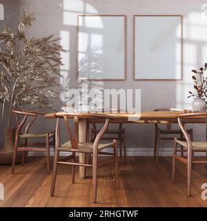 Sala da pranzo in legno retrò in toni bianchi e beige. Tavolo con sedie, parquet, decorazioni e mockup. Design degli interni della fattoria Foto Stock