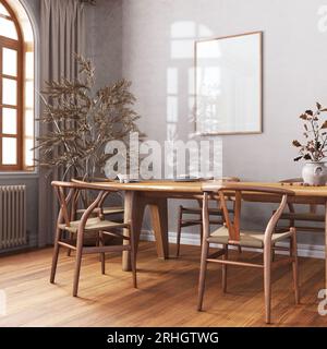 Sala da pranzo vintage scandinava in toni bianchi e beige. Tavolo in legno con sedie, parquet, decorazioni e mockup. Design degli interni della fattoria Foto Stock