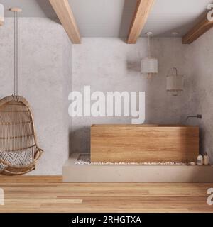 Bagno Japandi con vasca in legno indipendente nelle tonalità del bianco e del beige, poltrona sospesa, pareti in cemento intonaco e parquet. Interno dell'agriturismo d Foto Stock