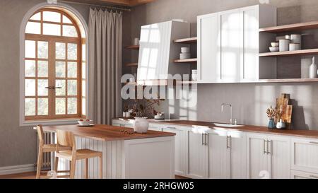 Cucina in legno della fattoria nei toni del bianco e del beige con isola e sgabelli. Parquet, ripiani e armadi. Design degli interni bohémien Foto Stock