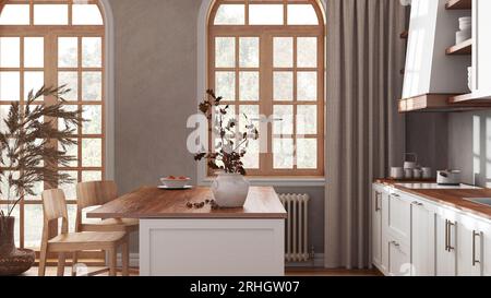 Cucina boema in legno in tonalità bianche e beige con isola e sgabelli. Pavimento in parquet, ripiani e armadi. Interni in stile retrò Foto Stock