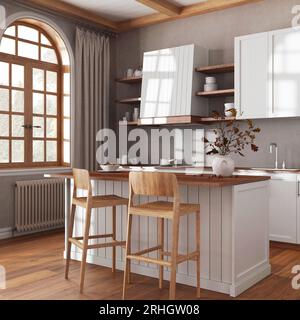 Cucina in legno Japandi in toni bianchi e beige con isola e sgabelli. Pavimento in parquet, ripiani e armadi. Arredamento scandinavo dell'agriturismo Foto Stock