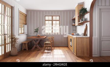 Cucina in legno della fattoria con sala da pranzo nei toni del bianco e del beige. Armadi e tavolo con sedia. Tappezzeria e pavimento in parquet. Progettazione interni Japandi Foto Stock