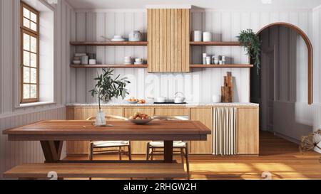 Cucina di campagna in legno e sala da pranzo nei toni del bianco e del beige. Armadi e tavolo con sedia. Tappezzeria e pavimento in parquet. Design degli interni della fattoria Foto Stock