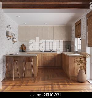 Cucina in agriturismo nei toni del bianco e del beige. Armadi in legno, isola con sgabelli, pavimento in parquet. Design degli interni moderno Foto Stock