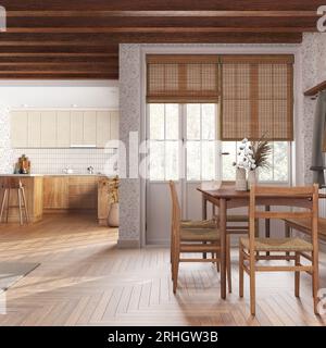 Cucina rustica in legno e sala da pranzo in toni bianchi e beige. Armadi e pavimento in parquet. Tavolo con sedie. Design degli interni della fattoria Foto Stock