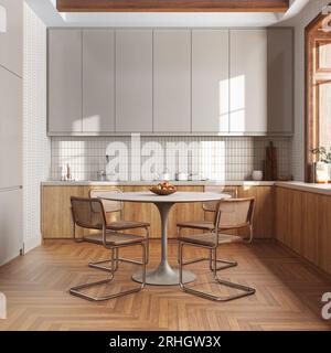 Cucina in legno e sala da pranzo nei toni del bianco e del beige. Armadi e tavolo con sedia. Tappezzeria e pavimento in parquet. Design degli interni della fattoria Foto Stock