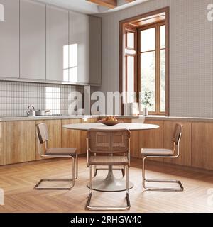 Cucina contemporanea in legno e sala da pranzo in toni bianchi e beige. Armadi e pavimento in parquet. Tavolo con sedie. Design degli interni della fattoria Foto Stock