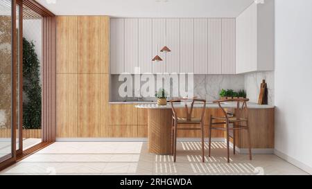 Cucina scandinava nei toni del bianco e del legno. Isola con sgabelli e decorazioni, pavimento in parquet. Design degli interni Japandi Foto Stock