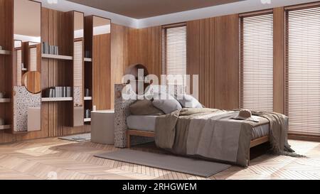 Idromassaggio, suite dell'hotel. Camera da letto e bagno in tonalità di bianco e legno. Letto doppio e vasca indipendente. Pavimento in parquet, design interno japandi Foto Stock