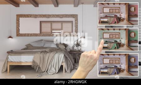 Design architetto, mostra a mano la camera da letto colorata della casa colonica, colori in diverse opzioni, progetto di progetto di interior design, selettore colore, materiale Foto Stock