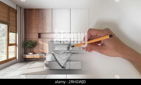 Concept di interior designer architetto: Disegnare a mano un progetto d'interni di design mentre lo spazio diventa reale, camera da letto in legno con letto matrimoniale con piumone Foto Stock