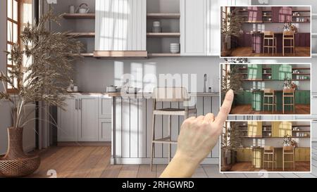 Design architetto, mostra a mano la cucina scandinava della fattoria, colori in diverse opzioni, progetto di interior design, selezione colori, tappetino Foto Stock