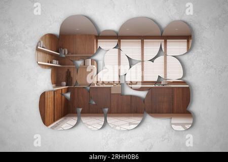 Specchio moderno a forma di ciottoli appeso alla parete che riflette la scena del design degli interni, cucina japandi, armadi in legno, architetto designer conce Foto Stock