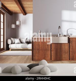 Tavolo bianco, scrivania o mensola con cinque soffici cuscini bianchi a forma di stelle o fiori, su un minimalista japandi soggiorno e cucina, architettura Foto Stock
