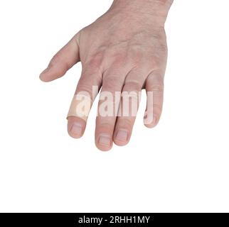 una mano maschile con un cerotto sul dito indice con sfondo trasparente Foto Stock