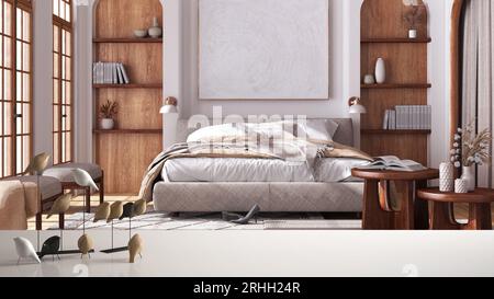 Piano da tavolo o ripiano bianco con ornamento minimalista per uccelli, Birdie Knick - Knack over japandi camera da letto in stile legno, design minimalista degli interni Foto Stock