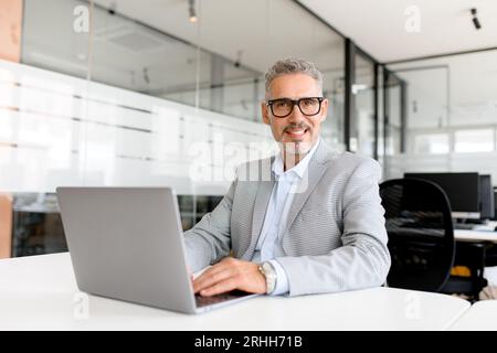 Sorridere un uomo d'affari maturo e sicuro di sé, ceo, che indossa abiti formali utilizzando un notebook in ufficio. Uomo dai capelli grigi che guarda la telecamera, profilo di un dipendente dell'ufficio maschile Foto Stock