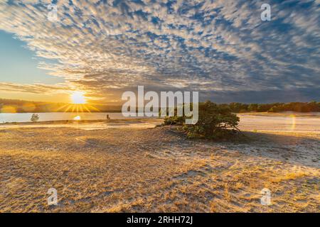 Un tramonto spettacolare e colorato sul Sahara di Lommelse, un parco nazionale con dune di sabbia in Belgio con bellissimi riflessi nel lago del clo Foto Stock