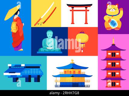 Landmarks of Japan - serie di illustrazioni colorate in stile design piatto Illustrazione Vettoriale