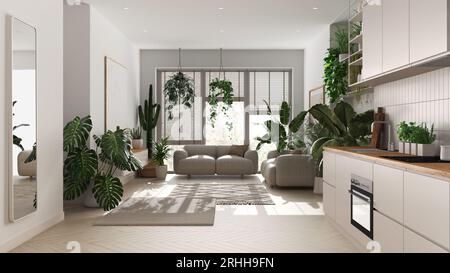 Concetto di amore per le piante. Design degli interni della cucina e del soggiorno in tonalità bianche. Parquet, divano e molte piante domestiche. Idea di giungla urbana Foto Stock