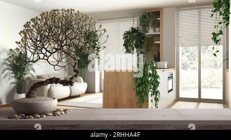 Ripiano da tavolo in legno vintage con bonsai in ciottoli e fiori in vaso, fiori bianchi, cucina moderna e soggiorno con divano, design interno, design urbano Foto Stock