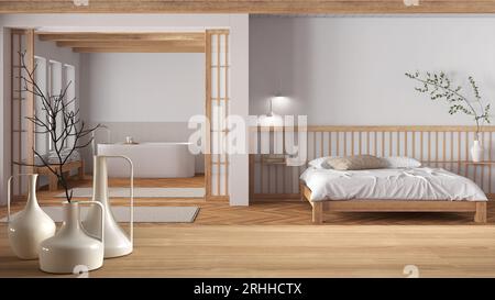 Tavolo o mensola in legno con vasi moderni minimalisti sopra japandi camera da letto in legno e bagno in stile moderno, interni di architettura giapponese desi Foto Stock