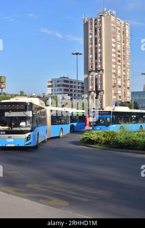 Autobus di trasporto pubblico in una stazione degli autobus. Mix di autobus elettrici vecchi e nuovi a Novi Sad, Serbia. Trasporto pubblico con autobus. Foto Stock