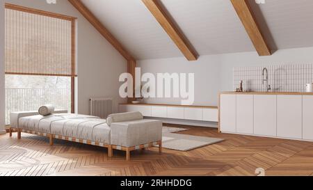 Soggiorno e cucina in legno Japandi con soffitto inclinato e parquet in tonalità bianche. Divano e armadietti in tessuto. Stile scandinavo Japandi, attico Foto Stock