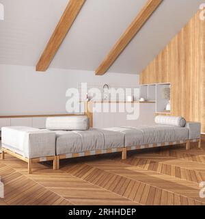 Soggiorno e cucina in legno Japandi con soffitto inclinato e parquet in tonalità bianche. Divano e armadietti in tessuto. Minimalista stile scandinavo, attico Foto Stock