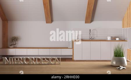 Tavolo, scrivania o scaffale in legno con pianta in vaso, chiavi di casa e lettere 3D che rendono le parole interior design, cucina japandi, concetto di progetto Foto Stock
