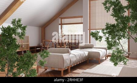 Green summer or spring leaves, tree branch over interior design scene. Natural ecology concept idea. Japandi minimal living and dining room. Interior Foto Stock