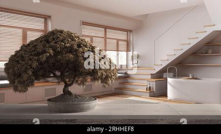 Ripiano da tavolo in legno vintage con bonsai di ciottoli e fiori in vaso, fiori verdi, bagno bianco minimale con vasca e scala, japandi archite Foto Stock