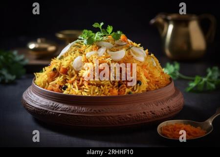Fotografia gastronomica Biryani su sfondo nero. Concetto di cibo indiano. Spazio copia testo. Foto Stock