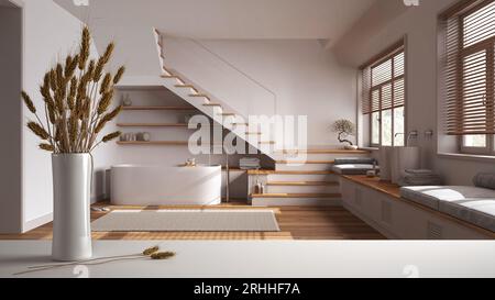 Piano da tavolo o ripiano bianco con cannucce, piante secche, ornamenti, orecchie, guaina, ramo in vaso, sopra il soggiorno in legno japandi e la cucina. Divano e armadio Foto Stock