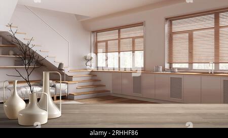 Piano da tavolo o mensola in legno con vasi moderni minimalisti sopra i japandi cucina in legno e soggiorno in stile moderno, architettura contemporanea interi Foto Stock