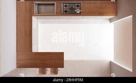 Moderna cucina in legno in toni bianchi e beige. Isola con armadietti e pavimento in resina. Vista dall'alto, piano, sopra, design minimale degli interni Foto Stock