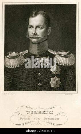 Europa, Deutschland, Berlino, Friedrich Wilhelm Ludwig Prinz von Preußen, später Kaiser Wilhelm I.. , Deutscher Kaiser , Stahlstich von A. Weger, um 1840 . / Europa, Germania, Berlino, Federico Guglielmo Ludovico Principe di Prussia, poi Guglielmo i Imperatore tedesco, incisione in acciaio di A. Weger, intorno al 1840 . Foto Stock