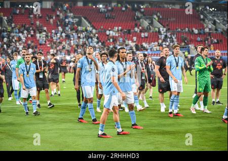 Pireo, Lombardia, Grecia. 17 agosto 2023. Manchester City dopo aver vinto la Supercoppa UEFA tra Manchester City e Sevilla FC al Georgios Karaiskakis Stadium il 16 agosto 2023, al Pireo, in Grecia. (Immagine di credito: © Stefanos Kyriazis/ZUMA Press Wire) SOLO USO EDITORIALE! Non per USO commerciale! Foto Stock