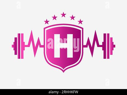 Design del logo Letter H Gym fitness con Barbell Shield e icona Start. Simbolo della palestra Bodybuild Illustrazione Vettoriale